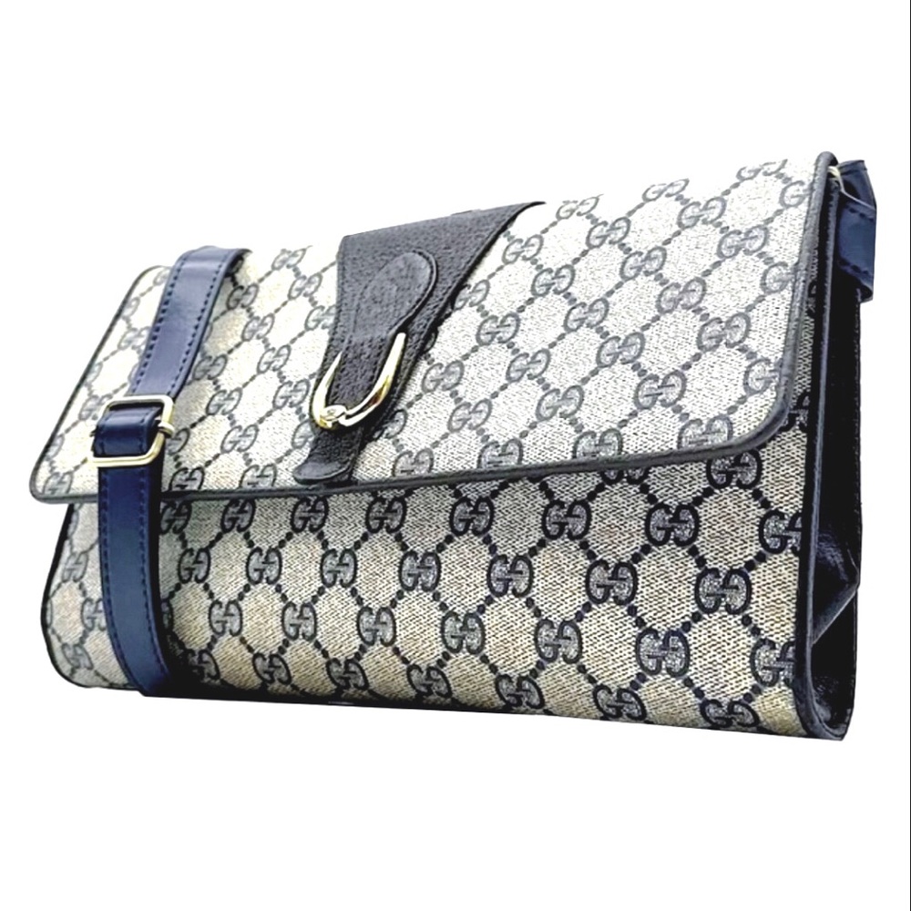 GUCCI GG Supreme Horse Bit Navy Clutch Crossbody Bag Silver Hardware DUST BAG - Picture 3 of 14